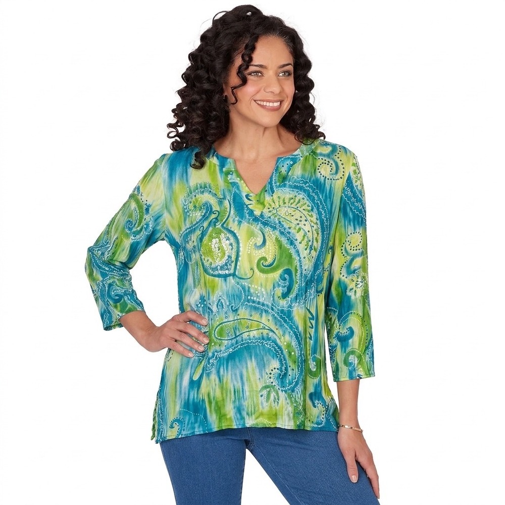 Mirasol Silk Paisley Sequin Tunic Top Blue Green 3/4 Sleeve XL grandma boho